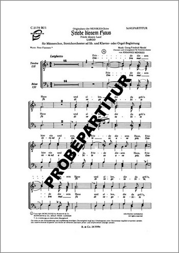 FRIEDE DIESEM HAUS&nbsp;&nbsp;LARGO für SATB oder TTBB Chor und Klavier&nbsp;&nbsp;Partitur (dt)