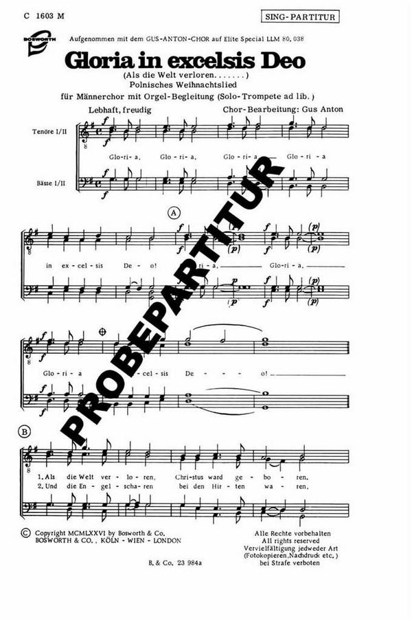 GLORIA IN EXCELSIS DEO ALS DIE WELT VERLOREN  für TTBB Chor und Orgel  Chorpartitur