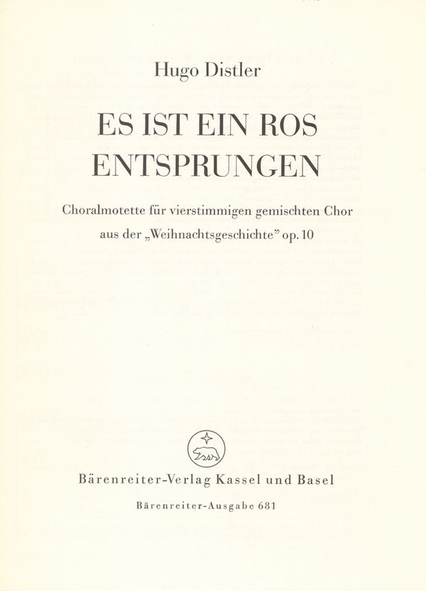 Es ist ein Ros entsprungen op.10  für gem Chor a cappella  Partitur (dt)