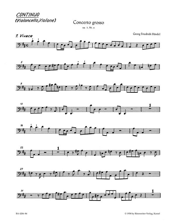 Concerto grosso D-Dur op.3,6&nbsp;&nbsp;HWV317 für Orchester&nbsp;&nbsp;Cello/Bass