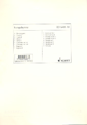 Europahymne&nbsp;&nbsp;für symphonisches Orchester&nbsp;&nbsp;Harmoniestimmen - Kontrafagott, Flöte I, II, Oboe I, II, Klarinette I,