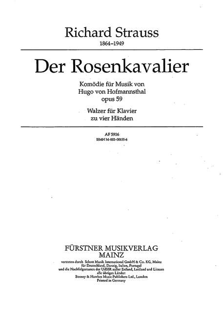 Walzer aus Der Rosenkavalier op. 59&nbsp;&nbsp;für Klavier zu 4 Händen&nbsp;&nbsp;