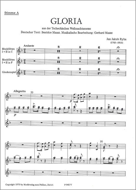 Gloria für 3 gemischte Stimmen&nbsp;&nbsp;und Orchester&nbsp;&nbsp;Blockflöte 1/2/3/4/ Glockenspiel