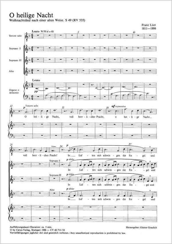 O HEILIGE NACHT WEIHNACHTSLIED&nbsp;&nbsp;NACH EINER ALTEN WEISE, S 49/ R 535&nbsp;&nbsp;PARTITUR (DT)