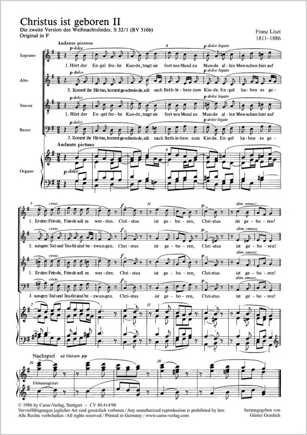 CHRISTUS IST GEBOREN II FUER SSA,  TTBB UND SATB CHOR UND ORGEL, S 32  PARTITUR (DT)
