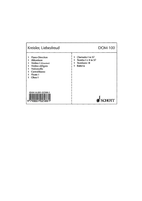 Liebesfreud  für Salonorchester  Klavierdirektion und Stimmen - Klavier-Direktion, Akkordeon, Violine I