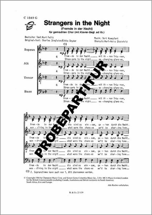 Strangers in the night&nbsp;&nbsp;für gem Chor und Klavier&nbsp;&nbsp;Klavierpartitur (dt/en)