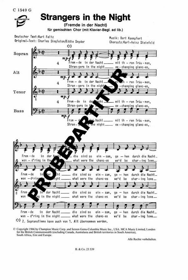 Strangers in the night&nbsp;&nbsp;für gem Chor und Klavier&nbsp;&nbsp;Chorpartitur (dt/en)