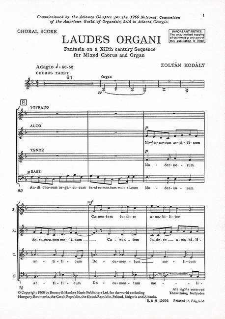 Laudes organi Fantasia&nbsp;&nbsp;for mixed chorus and organ&nbsp;&nbsp;chorus score (la)
