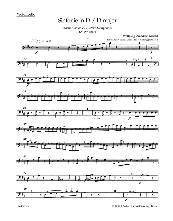 Sinfonie D-Dur KV297&nbsp;&nbsp;für Orchester&nbsp;&nbsp;Violoncello
