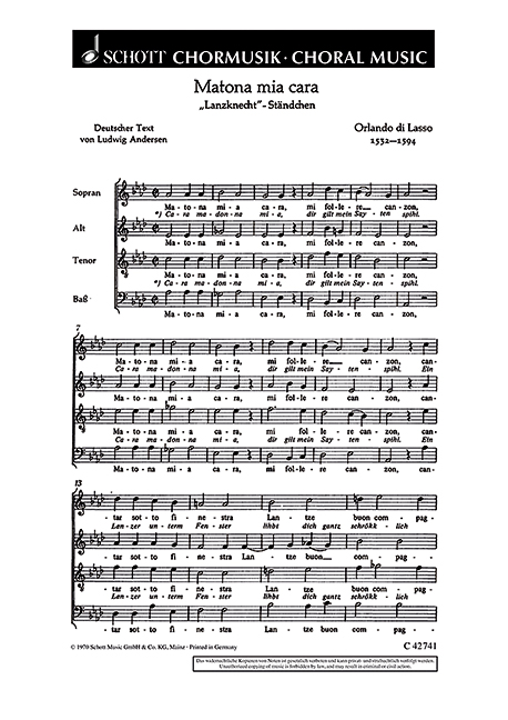Matona mia cara&nbsp;&nbsp;für gemischten Chor (SATB)&nbsp;&nbsp;Chorpartitur