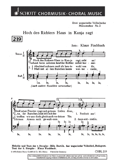 Drei ungarische Volkslieder&nbsp;&nbsp;für Männerchor (TTBB)&nbsp;&nbsp;Chorpartitur