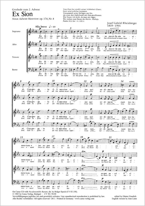 Ex Sion op.176,4   und  Deus tu convertens op.176,5&nbsp;&nbsp;für gem Chor a cappella&nbsp;&nbsp;Singpartitur (la/en)
