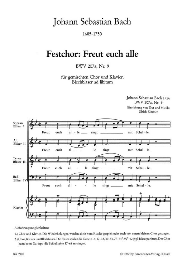 Freut euch alle BWV207a,9&nbsp;&nbsp;für gem Chor und Klavier&nbsp;&nbsp;Partitur