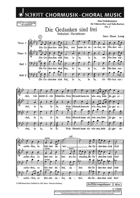 Die Gedanken sind frei BB  für Männerchor a cappella  Partitur