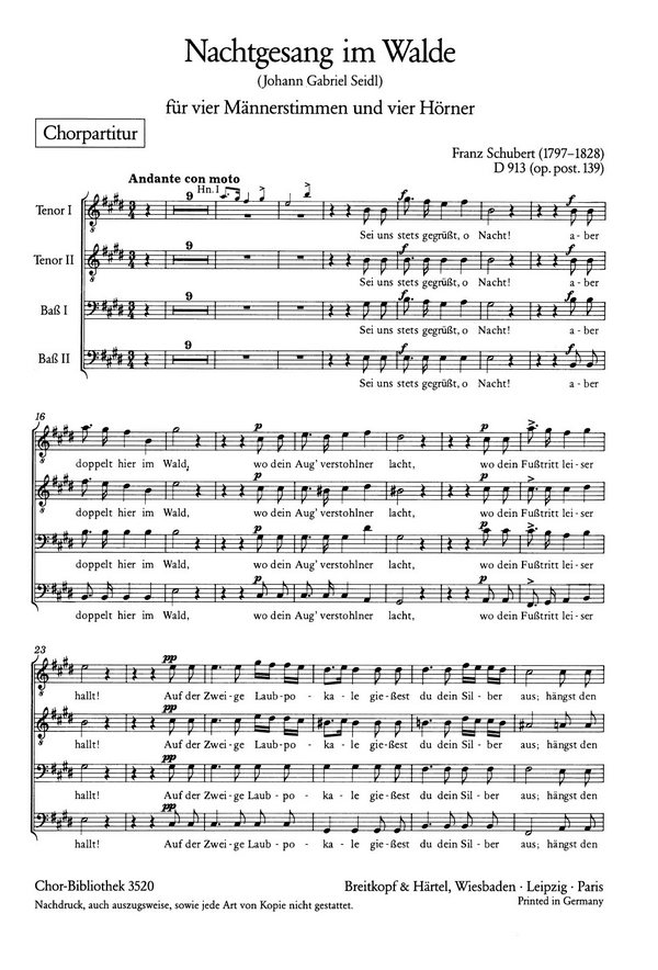 Nachtgesang im Walde D913&nbsp;&nbsp;für Männerchor und 4 Hörner&nbsp;&nbsp;Chorpartitur (dt)
