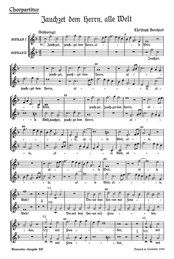 Jauchzet dem Herrn alle Welt  für 2 Soprane, 2 Violinen und Bc  Chorpartitur (dt)