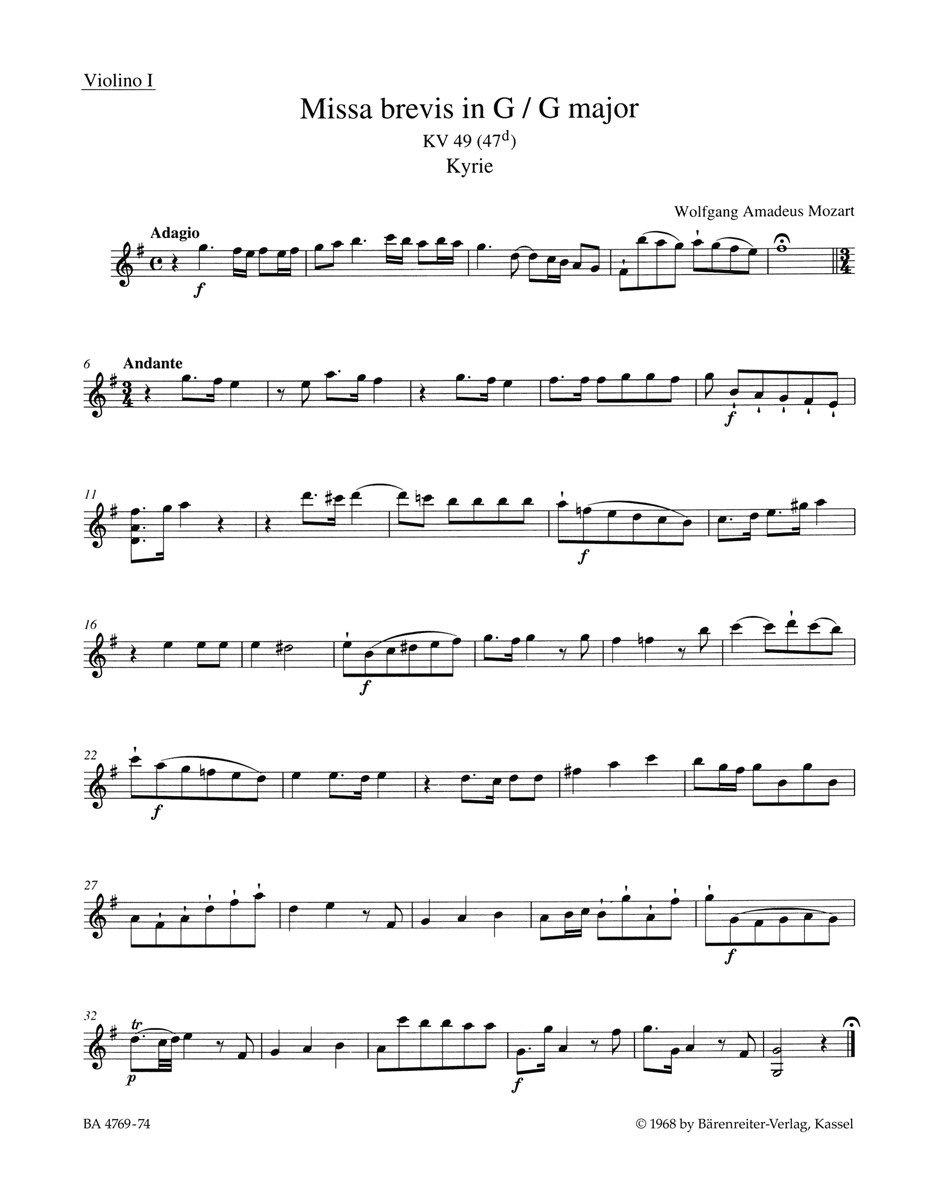 Missa brevis G-Dur KV49&nbsp;&nbsp;für Soli, Chor und Orchester&nbsp;&nbsp;Partitur