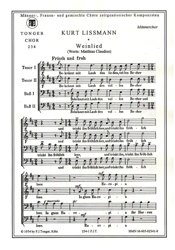 Bekränzt mit Laub  für Männerchor a cappella  Partitur