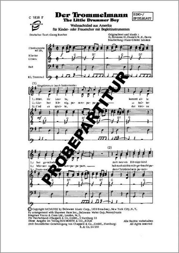 The little Drummer Boy&nbsp;&nbsp;für Chor und Klavier&nbsp;&nbsp;Partitur (dt)