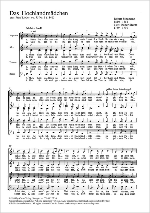 DAS HOCHLANDMAEDCHEN SOPRANO, AL-&nbsp;&nbsp;TO, TENORE, BASSO, OP. 55 NR. 1,&nbsp;&nbsp;1846        PARTITUR (DT)