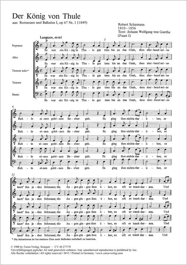 Der König von Thule  und  Heidenröslein&nbsp;&nbsp;op.67,1+3 für Tenor und Chor a cappella&nbsp;&nbsp;Partitur