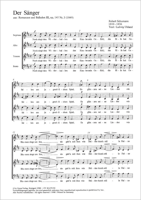 DER SAENGER SOPRANO, ALTO, TENO-&nbsp;&nbsp;RE, BASSO, OP. 145 NR. 3, 1849&nbsp;&nbsp;PARTITUR (DT)