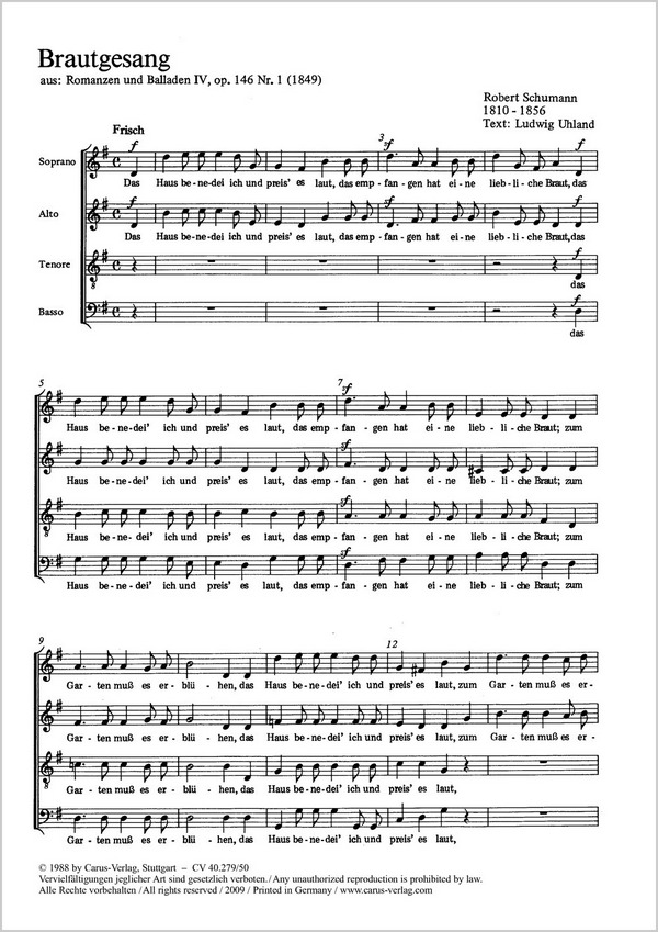 BRAUTGESANG SOPRANO, ALTO, TENO-&nbsp;&nbsp;RE, BASSO, OP. 146 NR. 1, 1849&nbsp;&nbsp;PARTITUR (DT)