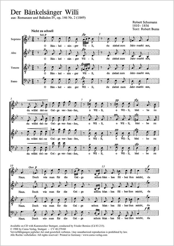 DER BAENKELSAENGER WILLI SOPRANO,&nbsp;&nbsp;ALTO, TENORE, BASSO, OP. 146 NR. 2,&nbsp;&nbsp;1849             PARTITUR (DT)