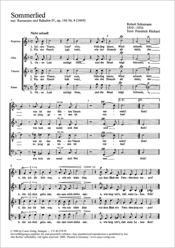 SOMMERLIED SOPRANO, ALTO, TENORE,&nbsp;&nbsp;BASSO, OP. 146 NR. 4, 1849&nbsp;&nbsp;PARTITUR (DT)