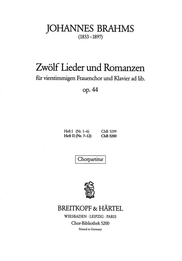 Zwölf Lieder und Romanzen&nbsp;&nbsp;für Frauenchor und Klavier&nbsp;&nbsp;Chorpartitur