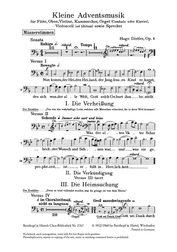 Kleine Adventsmusik  für Flöte, Oboe, Violine, Kammerchor und Orgel  Chorstimme / Männerstimmen
