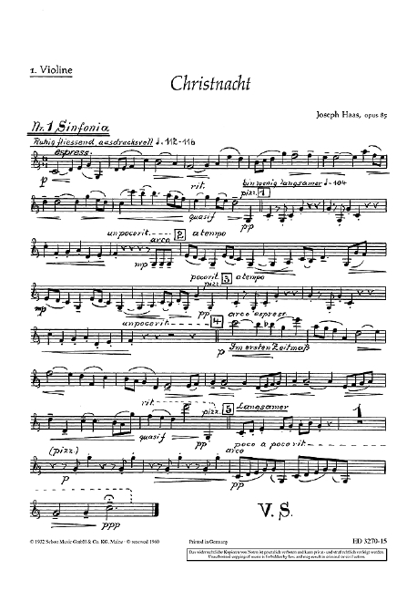 Christnacht op. 85  für gemischten Chor (SATB) (Frauenchor, Kinderchor) mit Soli (SSATBarB  Einzelstimme - Violine I