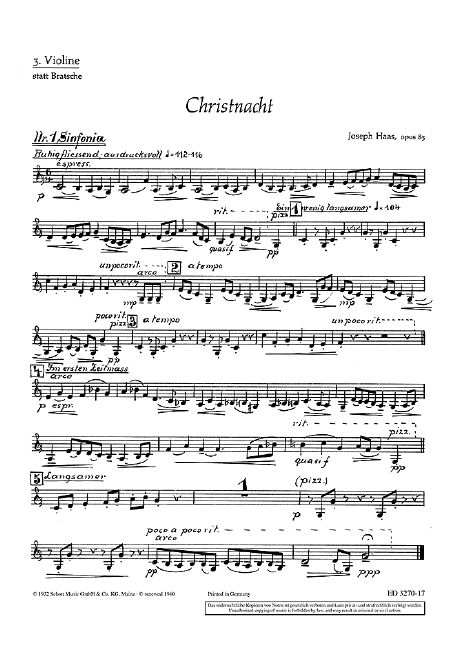 Christnacht op. 85  für gemischten Chor (SATB) (Frauenchor, Kinderchor) mit Soli (SSATBarB  Einzelstimme - Violine III