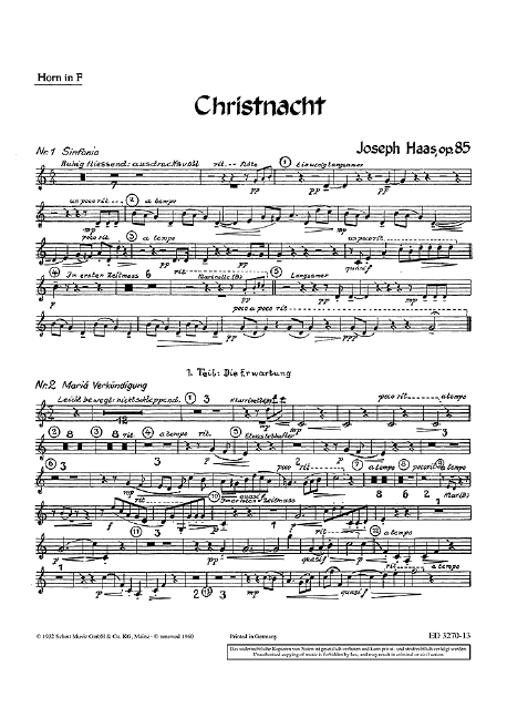 Christnacht op. 85  für gemischten Chor (SATB) (Frauenchor, Kinderchor) mit Soli (SSATBarB  Einzelstimme - Horn