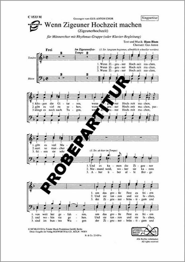 Wenn Zigeuner Hochzeit machen&nbsp;&nbsp;für TTBB Chor und Klavier&nbsp;&nbsp;Partitur (dt)