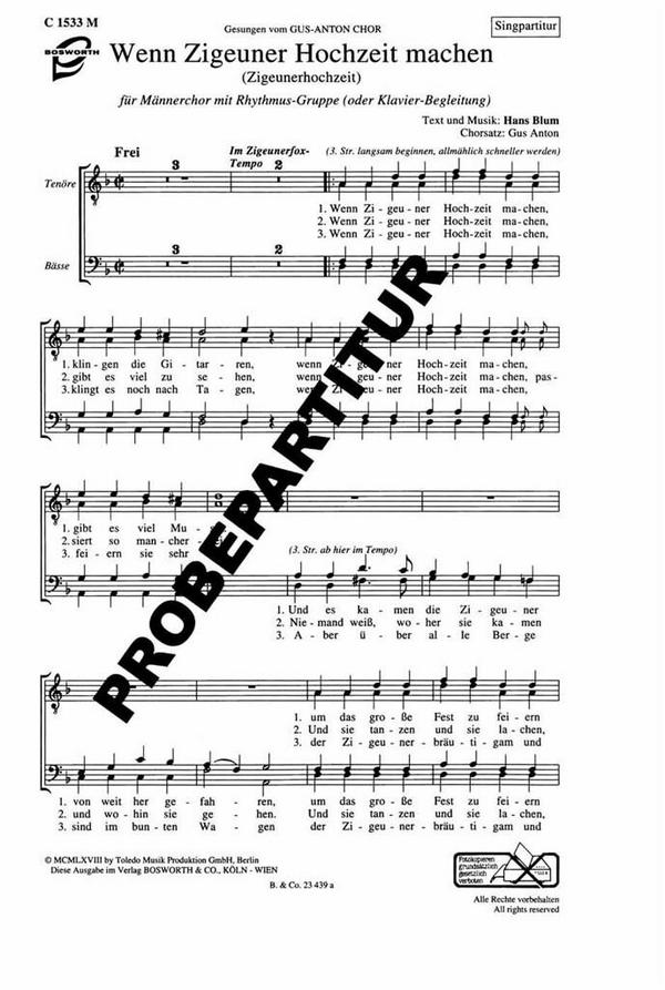 Wenn Zigeuner Hochzeit machen&nbsp;&nbsp;für TTBB Chor und Klavier&nbsp;&nbsp;Chorpartitur (dt)