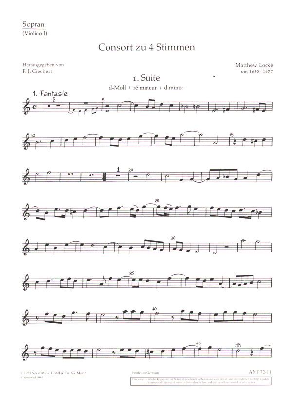 Consort Band 1  für 4 Blockflöten (SATB) oder Streicher  Einzelstimme - Sopran-Blockflöte/Violine I
