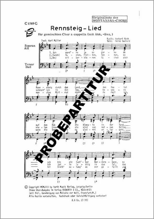 Rennsteig-Lied  für gem Chor a cappella  Partitur (dt)
