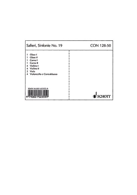 Sinfonie No. 19 D-Dur&nbsp;&nbsp;für 2 Oboen, 2 Hörner in D und Streicher&nbsp;&nbsp;Stimmensatz - Oboe I/II, Horn-d I/II, 4 Violinen I/II, 2 Violen, 4 Vio