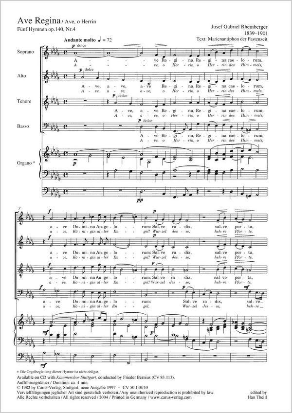AVE REGINA OP.140,4 FUER&nbsp;&nbsp;GEM CHOR UND ORGEL&nbsp;&nbsp;PARTITUR (LA/DT)