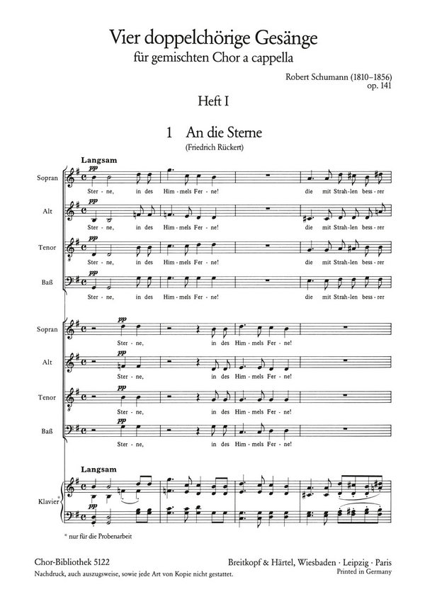 4 doppelchörige Gesänge op.141,1 - An die Sterne  für gem Chor a cappella  Chorpartitur