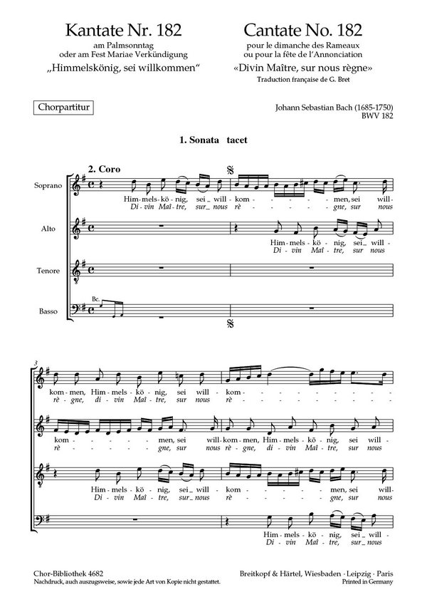 Himmelskönig, sei willkommen - Kantate Nr.182 BWV182&nbsp;&nbsp;für Soli, gem Chor und Orchester&nbsp;&nbsp;Chorpartitur