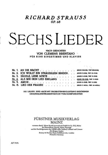 Als mir dein Lied erklang op. 68,4&nbsp;&nbsp;für Gesang (hoch) und Klavier (dt, Fis-Dur)&nbsp;&nbsp;