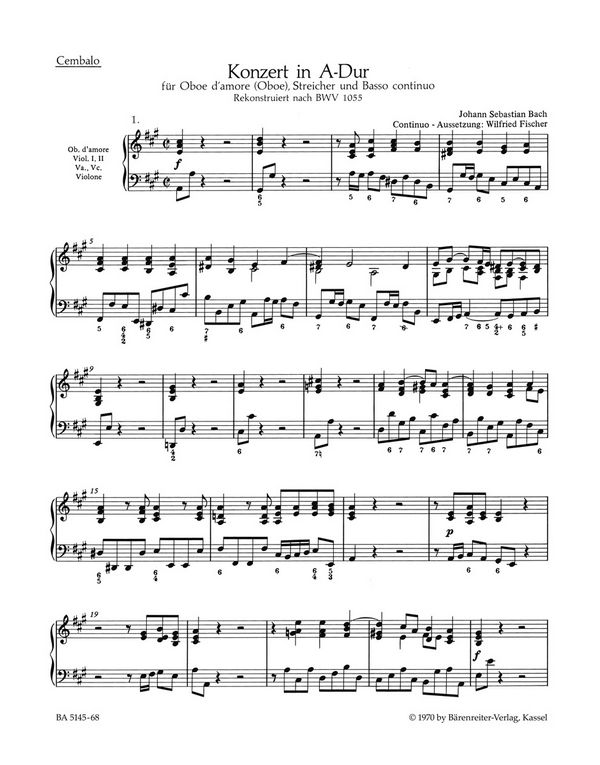 Konzert A-Dur BWV1055&nbsp;&nbsp;für Oboe d'amore (Oboe), Streicher und Bc&nbsp;&nbsp;Cembalo