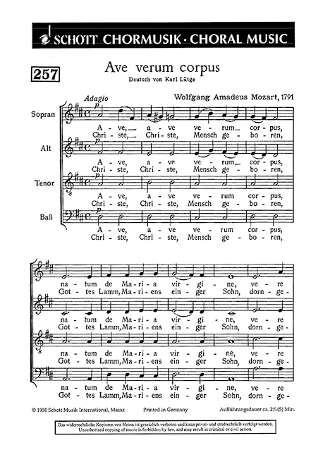Ave verum corpus KV 618&nbsp;&nbsp;für gemischten Chor (SATB), Orgel ad libitum&nbsp;&nbsp;Chorpartitur