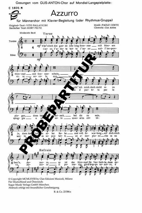 Azzurro  für Männerchor und Klavier (oder Rhythmus-Gruppe)  Chorpartitur