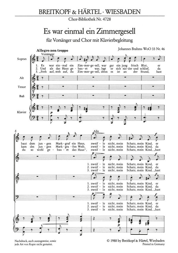 Es war einmal ein Zimmergesell WoO33,46&nbsp;&nbsp;für Vorsänger, Chor und Klavier&nbsp;&nbsp;Partitur