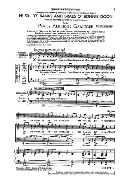 Ye banks and braes o' Bonnie Doon&nbsp;&nbsp;for mixed chorus and organ&nbsp;&nbsp;score