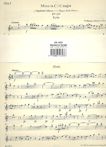 Missa C-Dur KV259&nbsp;&nbsp;für Soli, Chor und Orchester&nbsp;&nbsp;Harmoniestimmen